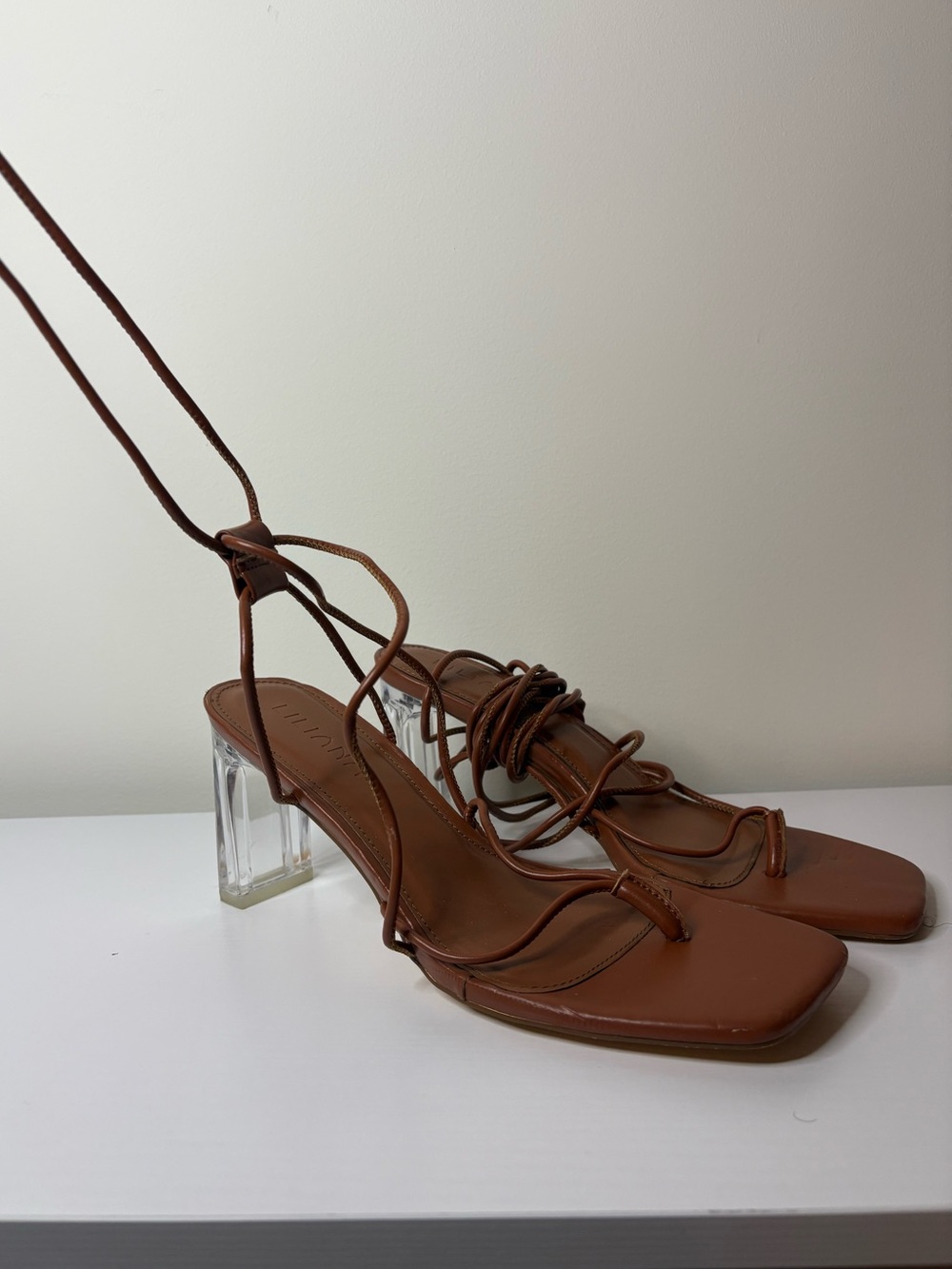 Brown Strappy Lace-Up Heeled Sandals with Clear Block Heel